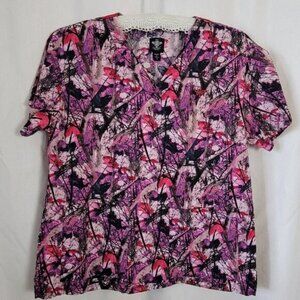Med Couture Scrub Top Women's Small Abstract w/pockets medical blouse scrubs EUC
